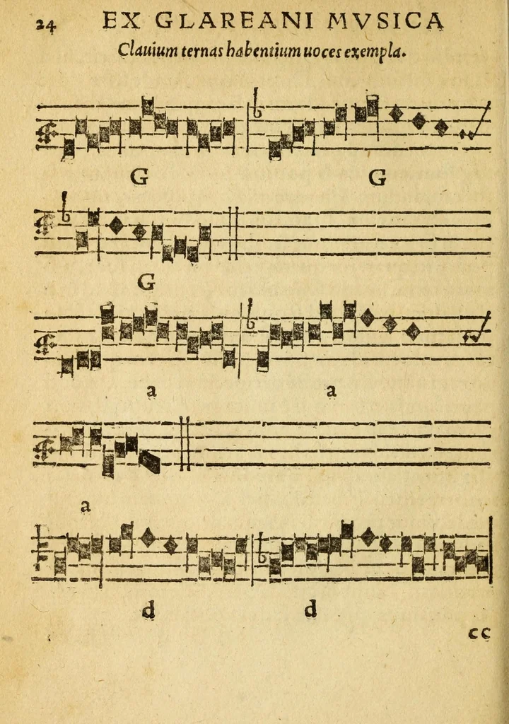 An illustration from Mvsicae epitome ex Glareani Dodechordo vna tum qvinqve melodiis svper eivsdem Glareani Panegyrico de Helveticarum XIII urbium Laudibus, 1559, leaf 42