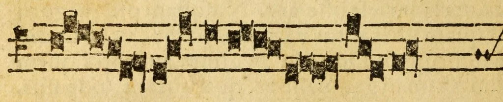 An illustration from Mvsicae epitome ex Glareani Dodechordo vna tum qvinqve melodiis svper eivsdem Glareani Panegyrico de Helveticarum XIII urbium Laudibus, 1559, leaf 44