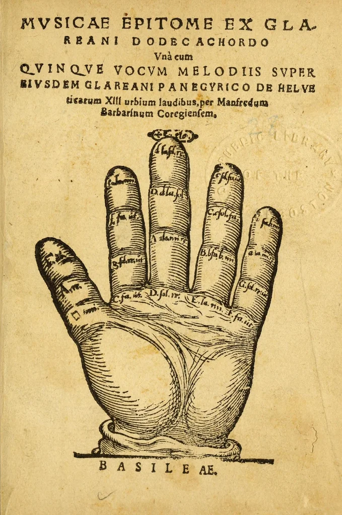 An illustration from Mvsicae epitome ex Glareani Dodechordo vna tum qvinqve melodiis svper eivsdem Glareani Panegyrico de Helveticarum XIII urbium Laudibus, 1559, leaf 5