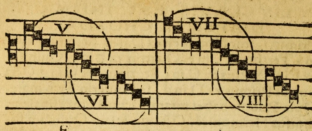 An illustration from Mvsicae epitome ex Glareani Dodechordo vna tum qvinqve melodiis svper eivsdem Glareani Panegyrico de Helveticarum XIII urbium Laudibus, 1559, leaf 68