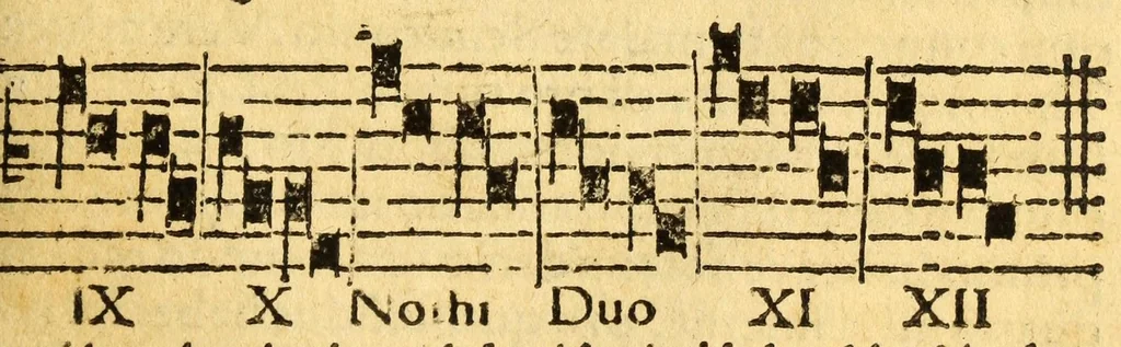 An illustration from Mvsicae epitome ex Glareani Dodechordo vna tum qvinqve melodiis svper eivsdem Glareani Panegyrico de Helveticarum XIII urbium Laudibus, 1559, leaf 79