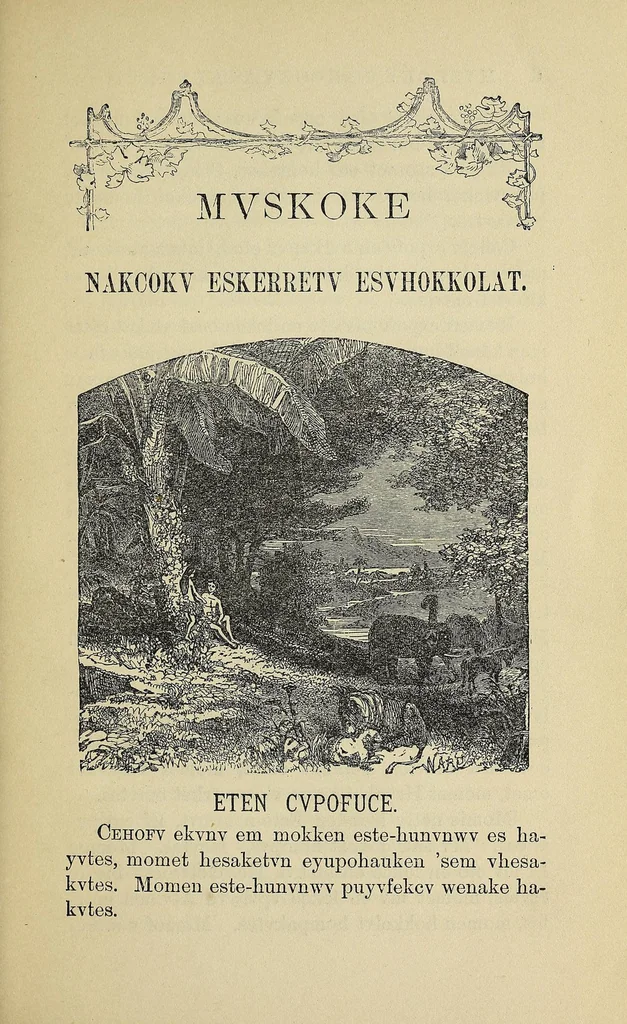 An illustration from Mvskoke nakcokv eskerretv esvhokkolat. Creek second reader, 1871, leaf 11
