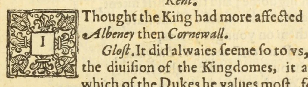 An illustration from M. VVilliam Shake-speare, his True chronicle history of the life and death of King Lear and his three daughters : with the vnfortunate life of Edgar, sonne and heire to the Earle of Glocester, and his sullen and assumed humour of Tom of Bedlam : as it was plaid before the Kings Maiesty at White-Hall, upon S. Stephens night, in Christmas hollidaies by His Maiesties Seruants, playing vsually at the Globe on the Banck-Side, 1619, leaf 9