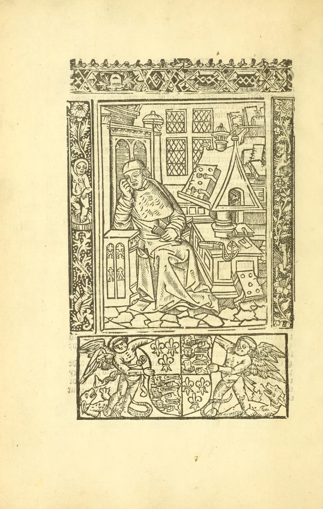 An illustration from The myrrour & dyscrypcyon of the worlde : with many meruaylles & the vii scyences as gramayre, rethorike wyth the arte of memorye, logyke, geometrye, wyth the standarde of mesure & weyght, and the knowlege how a man sholde mesure londe, borde, & tymber, and than arsmetryke wyth the maner of accou[n]tes and rekenynges by cyfres, and than musyke, and astrnomye, with many other profytable and plesant co[m]modytes, 1527, leaf 10