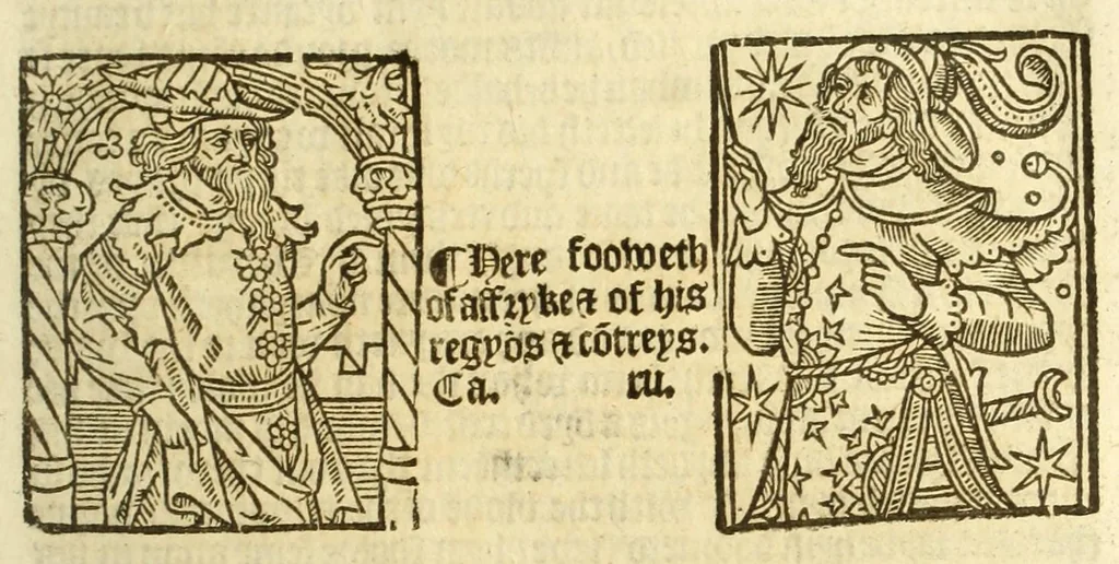 An illustration from The myrrour & dyscrypcyon of the worlde : with many meruaylles & the vii scyences as gramayre, rethorike wyth the arte of memorye, logyke, geometrye, wyth the standarde of mesure & weyght, and the knowlege how a man sholde mesure londe, borde, & tymber, and than arsmetryke wyth the maner of accou[n]tes and rekenynges by cyfres, and than musyke, and astrnomye, with many other profytable and plesant co[m]modytes, 1527, leaf 113