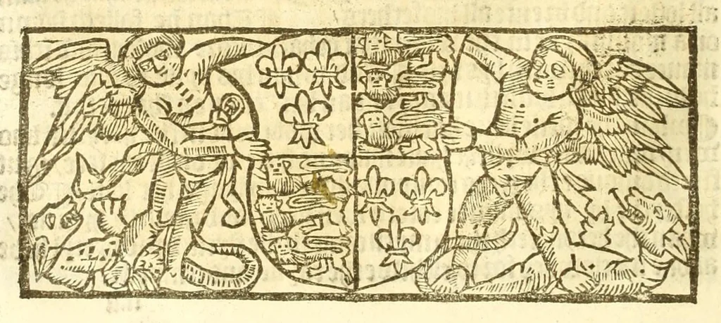 An illustration from The myrrour & dyscrypcyon of the worlde : with many meruaylles & the vii scyences as gramayre, rethorike wyth the arte of memorye, logyke, geometrye, wyth the standarde of mesure & weyght, and the knowlege how a man sholde mesure londe, borde, & tymber, and than arsmetryke wyth the maner of accou[n]tes and rekenynges by cyfres, and than musyke, and astrnomye, with many other profytable and plesant co[m]modytes, 1527, leaf 114