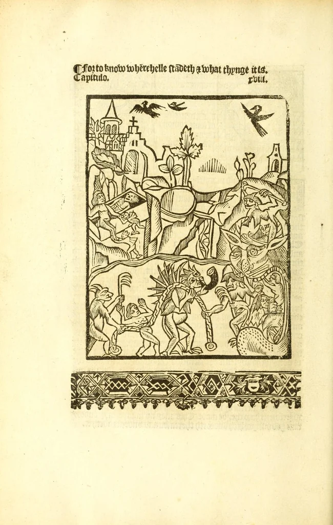 An illustration from The myrrour & dyscrypcyon of the worlde : with many meruaylles & the vii scyences as gramayre, rethorike wyth the arte of memorye, logyke, geometrye, wyth the standarde of mesure & weyght, and the knowlege how a man sholde mesure londe, borde, & tymber, and than arsmetryke wyth the maner of accou[n]tes and rekenynges by cyfres, and than musyke, and astrnomye, with many other profytable and plesant co[m]modytes, 1527, leaf 116