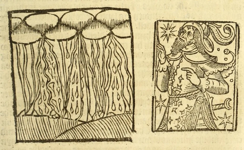 An illustration from The myrrour & dyscrypcyon of the worlde : with many meruaylles & the vii scyences as gramayre, rethorike wyth the arte of memorye, logyke, geometrye, wyth the standarde of mesure & weyght, and the knowlege how a man sholde mesure londe, borde, & tymber, and than arsmetryke wyth the maner of accou[n]tes and rekenynges by cyfres, and than musyke, and astrnomye, with many other profytable and plesant co[m]modytes, 1527, leaf 127