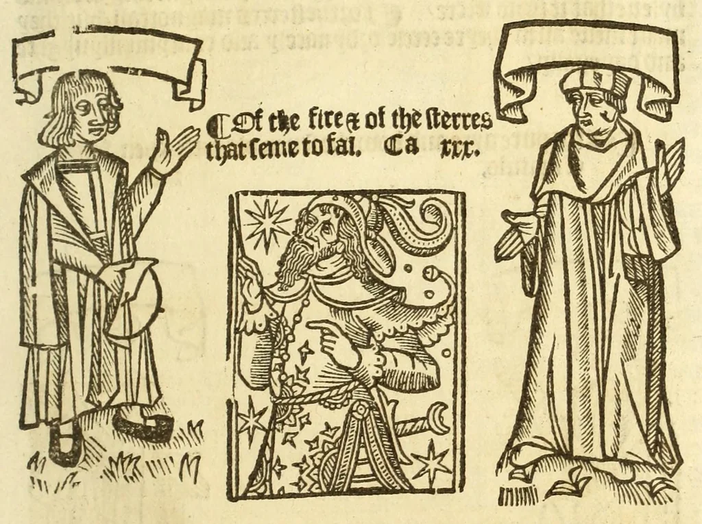 An illustration from The myrrour & dyscrypcyon of the worlde : with many meruaylles & the vii scyences as gramayre, rethorike wyth the arte of memorye, logyke, geometrye, wyth the standarde of mesure & weyght, and the knowlege how a man sholde mesure londe, borde, & tymber, and than arsmetryke wyth the maner of accou[n]tes and rekenynges by cyfres, and than musyke, and astrnomye, with many other profytable and plesant co[m]modytes, 1527, leaf 133
