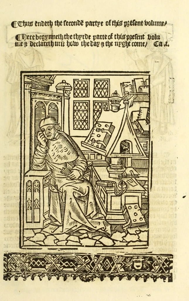 An illustration from The myrrour & dyscrypcyon of the worlde : with many meruaylles & the vii scyences as gramayre, rethorike wyth the arte of memorye, logyke, geometrye, wyth the standarde of mesure & weyght, and the knowlege how a man sholde mesure londe, borde, & tymber, and than arsmetryke wyth the maner of accou[n]tes and rekenynges by cyfres, and than musyke, and astrnomye, with many other profytable and plesant co[m]modytes, 1527, leaf 139