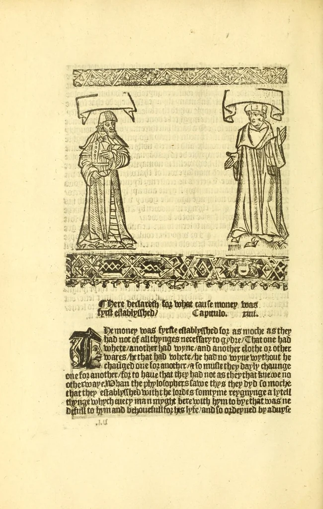 An illustration from The myrrour & dyscrypcyon of the worlde : with many meruaylles & the vii scyences as gramayre, rethorike wyth the arte of memorye, logyke, geometrye, wyth the standarde of mesure & weyght, and the knowlege how a man sholde mesure londe, borde, & tymber, and than arsmetryke wyth the maner of accou[n]tes and rekenynges by cyfres, and than musyke, and astrnomye, with many other profytable and plesant co[m]modytes, 1527, leaf 168