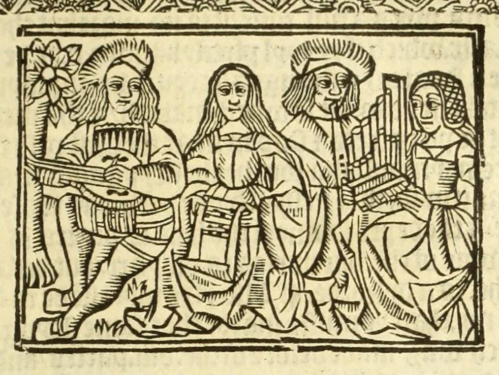 An illustration from The myrrour & dyscrypcyon of the worlde : with many meruaylles & the vii scyences as gramayre, rethorike wyth the arte of memorye, logyke, geometrye, wyth the standarde of mesure & weyght, and the knowlege how a man sholde mesure londe, borde, & tymber, and than arsmetryke wyth the maner of accou[n]tes and rekenynges by cyfres, and than musyke, and astrnomye, with many other profytable and plesant co[m]modytes, 1527, leaf 55