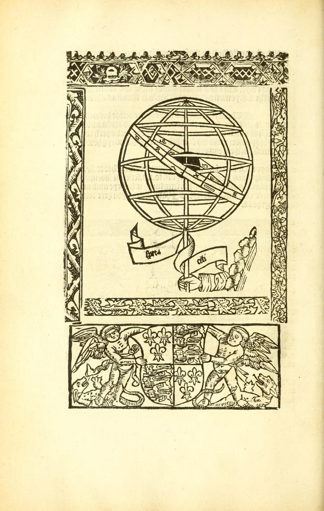 An illustration from The myrrour & dyscrypcyon of the worlde : with many meruaylles & the vii scyences as gramayre, rethorike wyth the arte of memorye, logyke, geometrye, wyth the standarde of mesure & weyght, and the knowlege how a man sholde mesure londe, borde, & tymber, and than arsmetryke wyth the maner of accou[n]tes and rekenynges by cyfres, and than musyke, and astrnomye, with many other profytable and plesant co[m]modytes, 1527, leaf 58