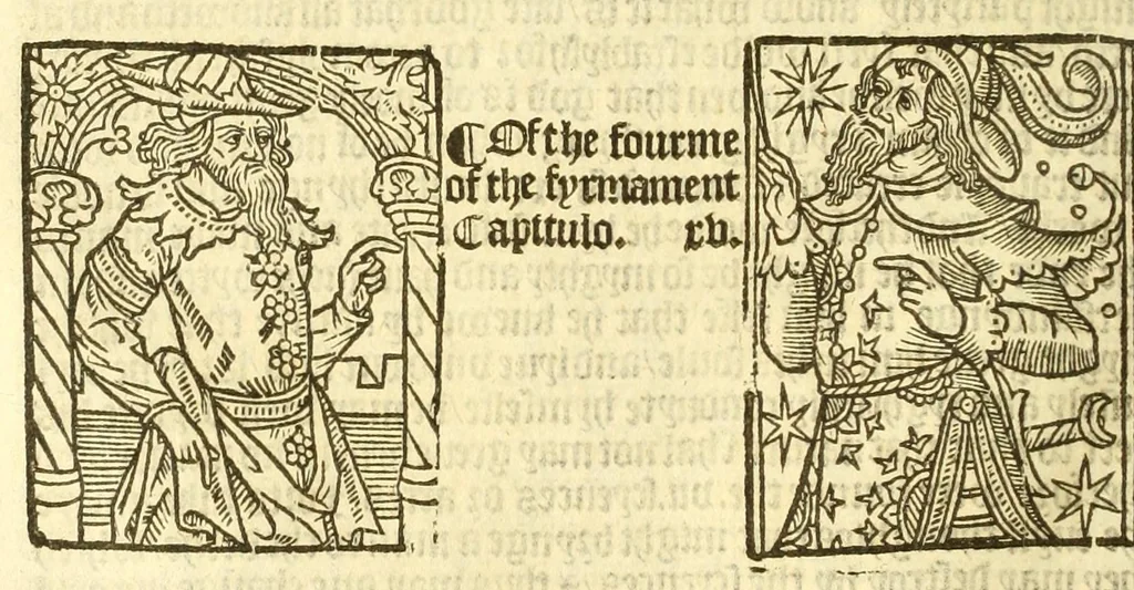 An illustration from The myrrour & dyscrypcyon of the worlde : with many meruaylles & the vii scyences as gramayre, rethorike wyth the arte of memorye, logyke, geometrye, wyth the standarde of mesure & weyght, and the knowlege how a man sholde mesure londe, borde, & tymber, and than arsmetryke wyth the maner of accou[n]tes and rekenynges by cyfres, and than musyke, and astrnomye, with many other profytable and plesant co[m]modytes, 1527, leaf 66