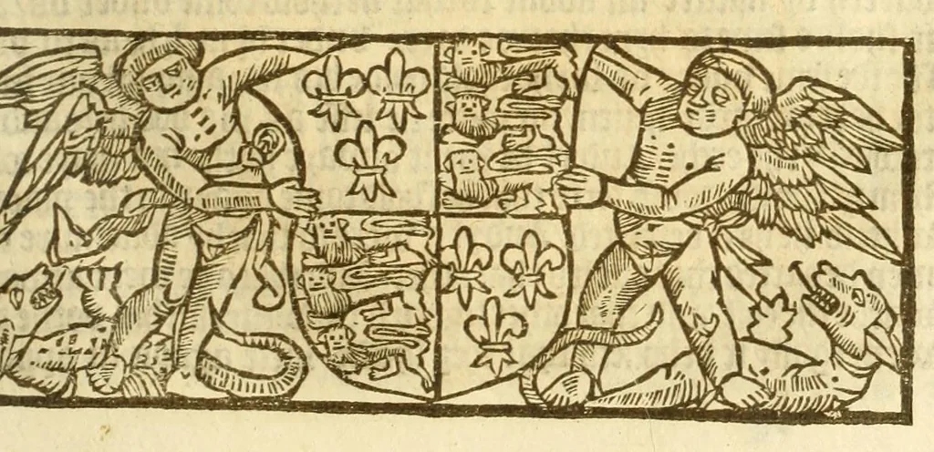 An illustration from The myrrour & dyscrypcyon of the worlde : with many meruaylles & the vii scyences as gramayre, rethorike wyth the arte of memorye, logyke, geometrye, wyth the standarde of mesure & weyght, and the knowlege how a man sholde mesure londe, borde, & tymber, and than arsmetryke wyth the maner of accou[n]tes and rekenynges by cyfres, and than musyke, and astrnomye, with many other profytable and plesant co[m]modytes, 1527, leaf 69