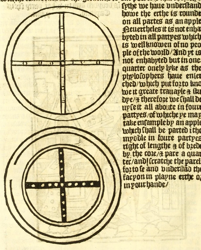 An illustration from The myrrour & dyscrypcyon of the worlde : with many meruaylles & the vii scyences as gramayre, rethorike wyth the arte of memorye, logyke, geometrye, wyth the standarde of mesure & weyght, and the knowlege how a man sholde mesure londe, borde, & tymber, and than arsmetryke wyth the maner of accou[n]tes and rekenynges by cyfres, and than musyke, and astrnomye, with many other profytable and plesant co[m]modytes, 1527, leaf 78