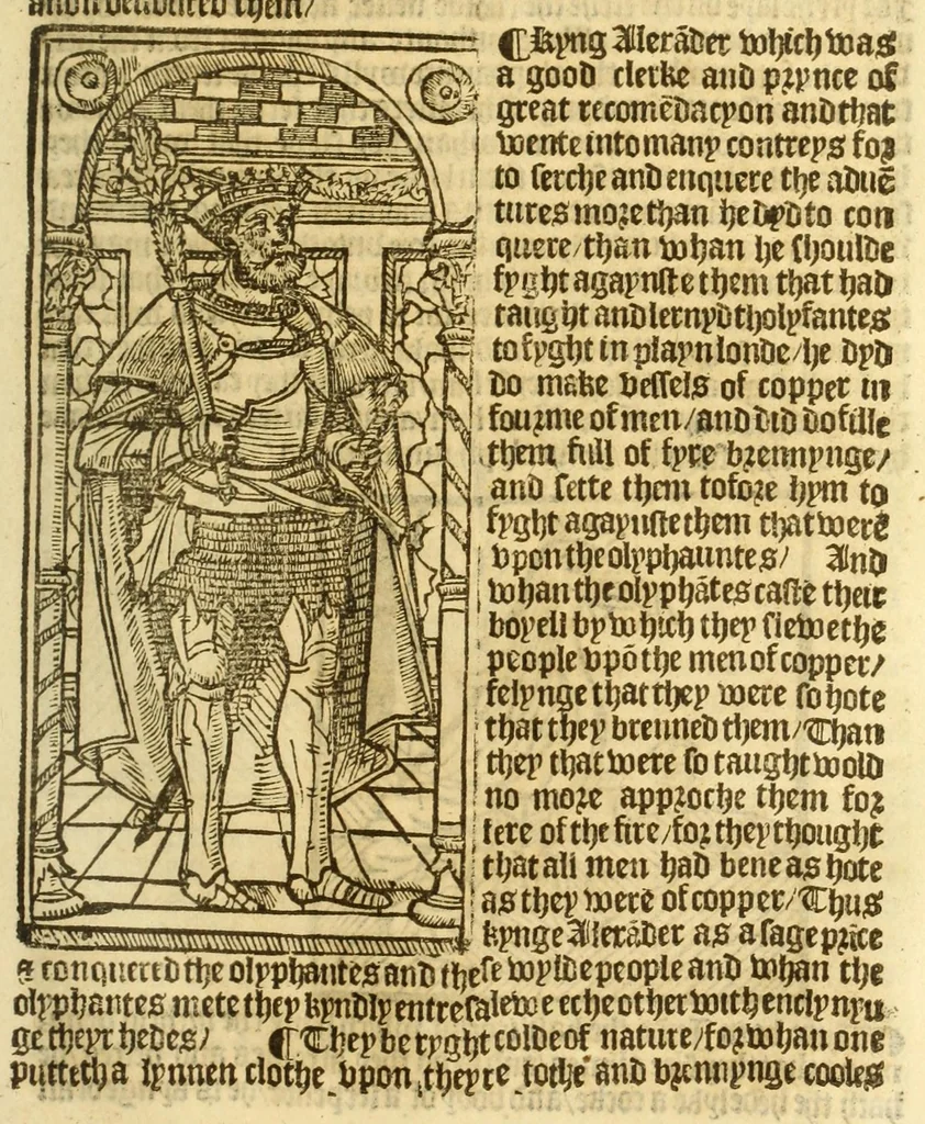 An illustration from The myrrour & dyscrypcyon of the worlde : with many meruaylles & the vii scyences as gramayre, rethorike wyth the arte of memorye, logyke, geometrye, wyth the standarde of mesure & weyght, and the knowlege how a man sholde mesure londe, borde, & tymber, and than arsmetryke wyth the maner of accou[n]tes and rekenynges by cyfres, and than musyke, and astrnomye, with many other profytable and plesant co[m]modytes, 1527, leaf 91