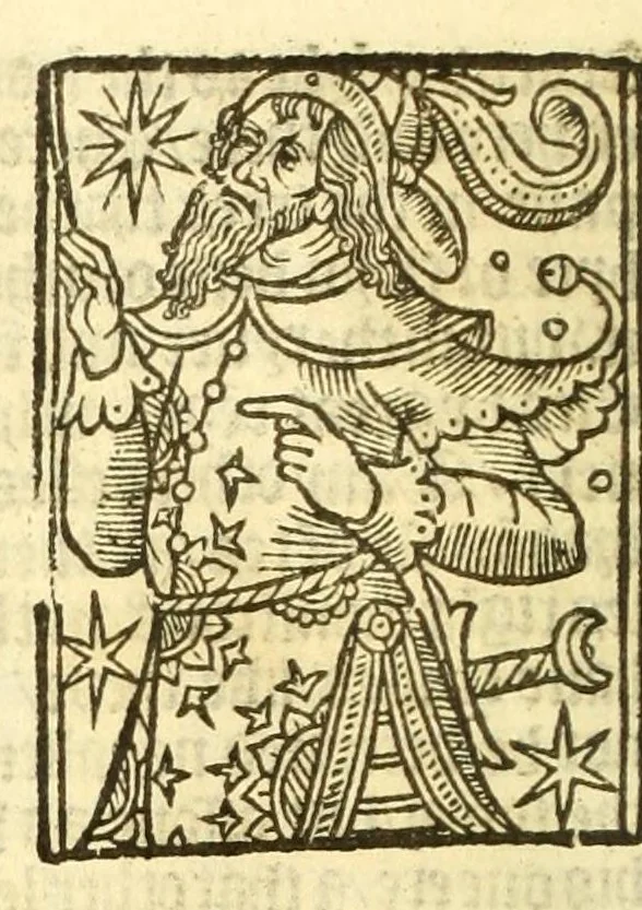An illustration from The myrrour & dyscrypcyon of the worlde : with many meruaylles & the vii scyences as gramayre, rethorike wyth the arte of memorye, logyke, geometrye, wyth the standarde of mesure & weyght, and the knowlege how a man sholde mesure londe, borde, & tymber, and than arsmetryke wyth the maner of accou[n]tes and rekenynges by cyfres, and than musyke, and astrnomye, with many other profytable and plesant co[m]modytes, 1527, leaf 94