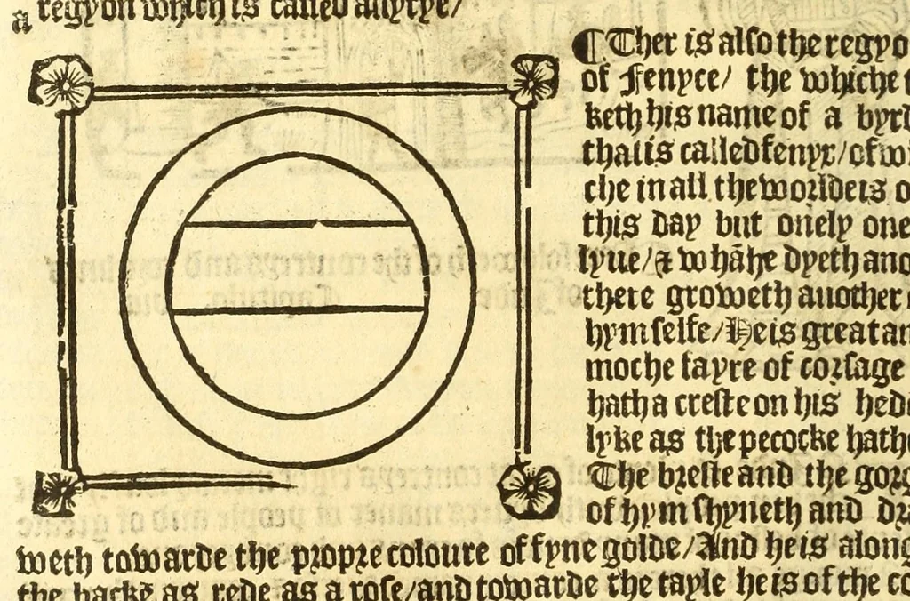 An illustration from The myrrour & dyscrypcyon of the worlde : with many meruaylles & the vii scyences as gramayre, rethorike wyth the arte of memorye, logyke, geometrye, wyth the standarde of mesure & weyght, and the knowlege how a man sholde mesure londe, borde, & tymber, and than arsmetryke wyth the maner of accou[n]tes and rekenynges by cyfres, and than musyke, and astrnomye, with many other profytable and plesant co[m]modytes, 1527, leaf 96