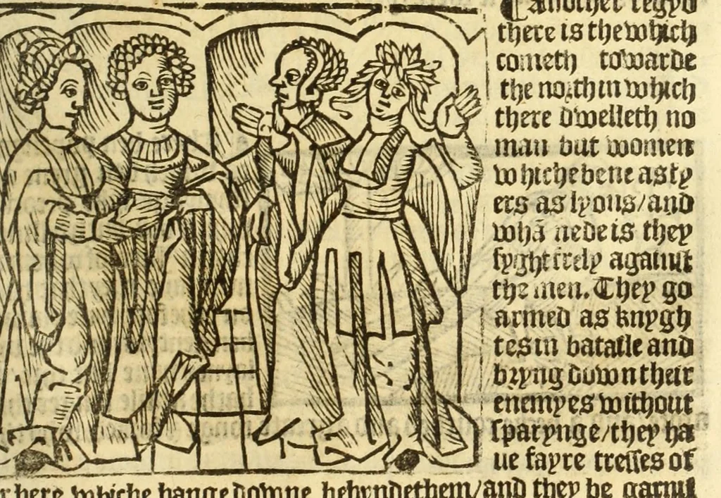 An illustration from The myrrour & dyscrypcyon of the worlde : with many meruaylles & the vii scyences as gramayre, rethorike wyth the arte of memorye, logyke, geometrye, wyth the standarde of mesure & weyght, and the knowlege how a man sholde mesure londe, borde, & tymber, and than arsmetryke wyth the maner of accou[n]tes and rekenynges by cyfres, and than musyke, and astrnomye, with many other profytable and plesant co[m]modytes, 1527, leaf 97