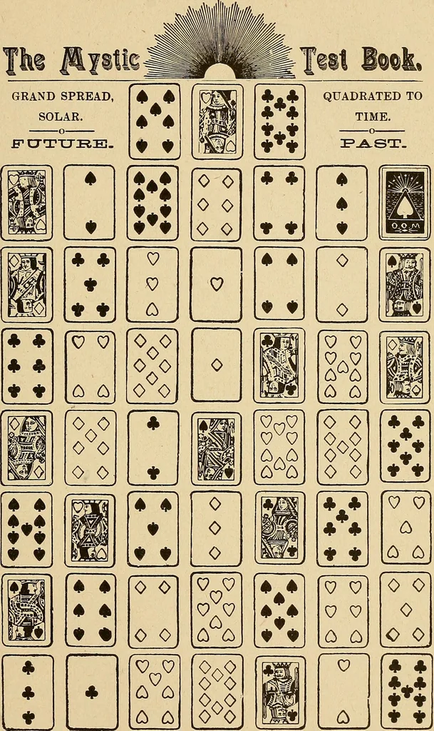 An illustration from The mystic test book; or, The magic of the cards. Giving the mystic meaning of these wonderful and ancient emblems in their relationship to the heavenly bodies, under all conditions; with rules and processes for reading or delineating the emblems, 1919, leaf 102