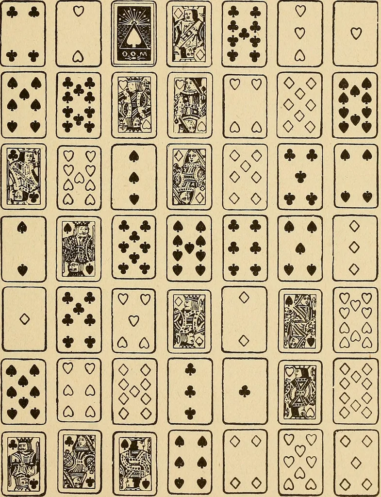 An illustration from The mystic test book; or, The magic of the cards. Giving the mystic meaning of these wonderful and ancient emblems in their relationship to the heavenly bodies, under all conditions; with rules and processes for reading or delineating the emblems, 1919, leaf 108