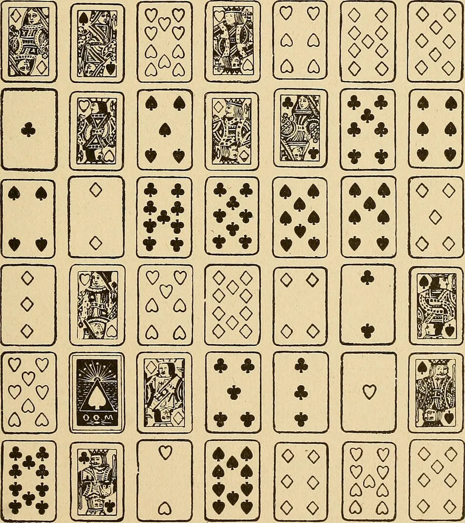 An illustration from The mystic test book; or, The magic of the cards. Giving the mystic meaning of these wonderful and ancient emblems in their relationship to the heavenly bodies, under all conditions; with rules and processes for reading or delineating the emblems, 1919, leaf 112