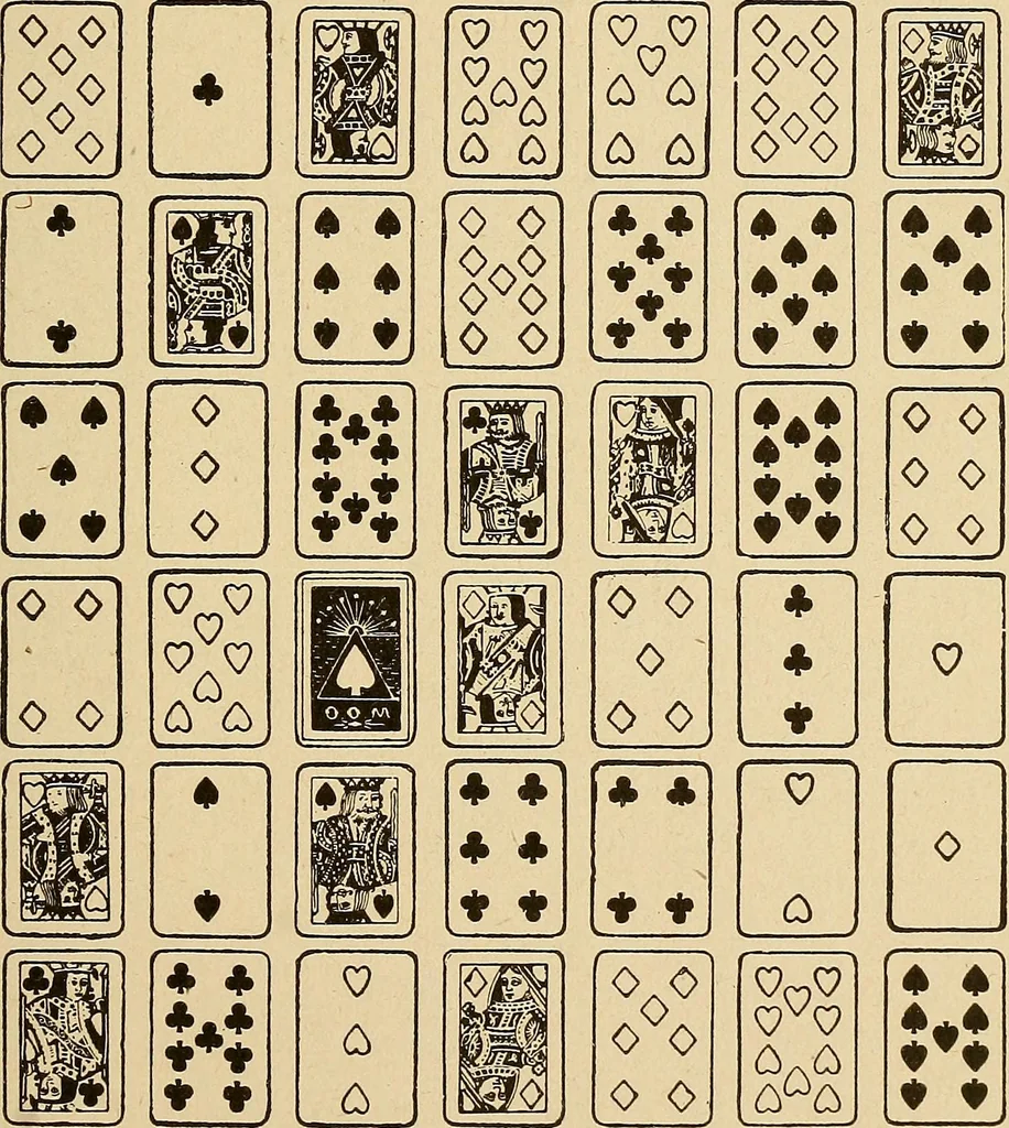 An illustration from The mystic test book; or, The magic of the cards. Giving the mystic meaning of these wonderful and ancient emblems in their relationship to the heavenly bodies, under all conditions; with rules and processes for reading or delineating the emblems, 1919, leaf 114