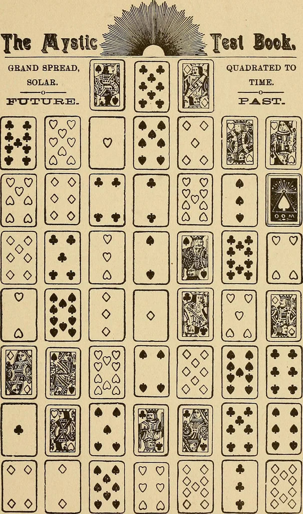 An illustration from The mystic test book; or, The magic of the cards. Giving the mystic meaning of these wonderful and ancient emblems in their relationship to the heavenly bodies, under all conditions; with rules and processes for reading or delineating the emblems, 1919, leaf 120