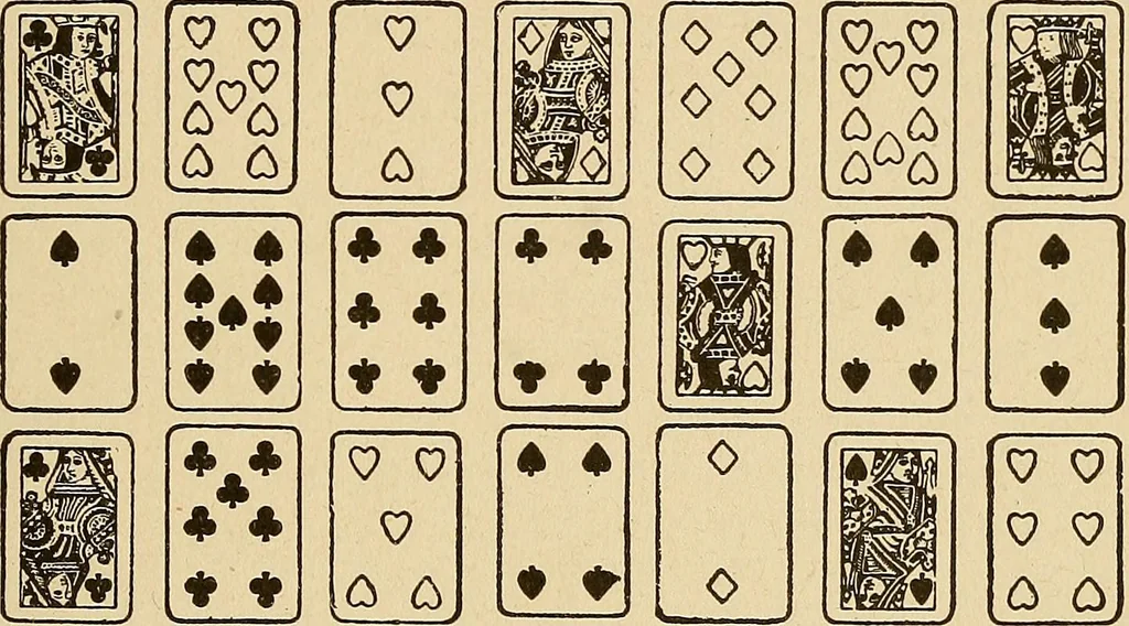 An illustration from The mystic test book; or, The magic of the cards. Giving the mystic meaning of these wonderful and ancient emblems in their relationship to the heavenly bodies, under all conditions; with rules and processes for reading or delineating the emblems, 1919, leaf 122