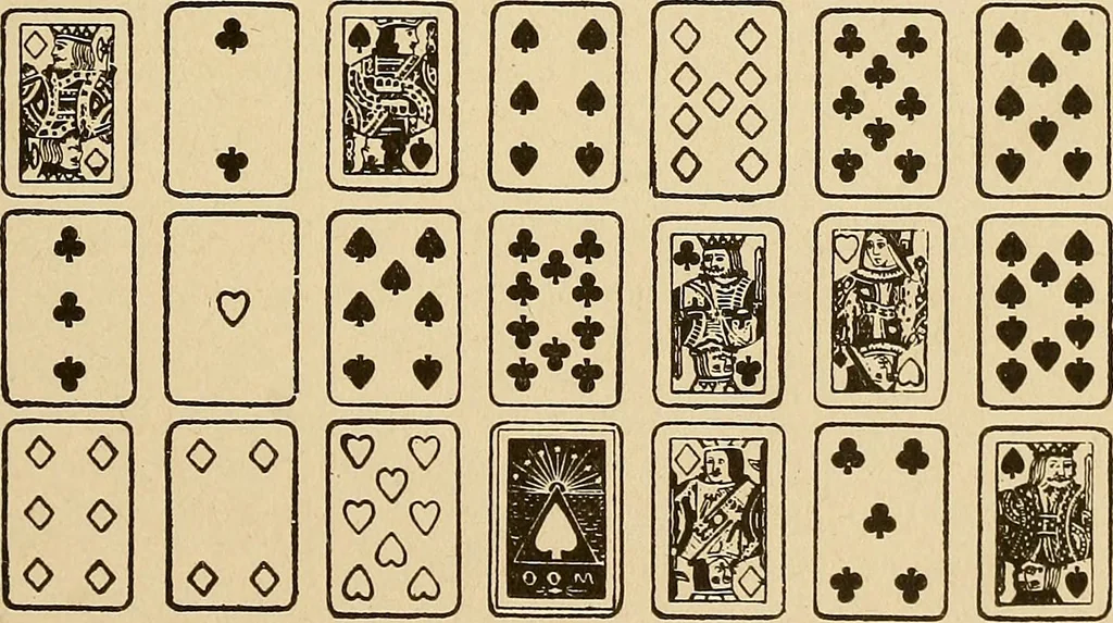 An illustration from The mystic test book; or, The magic of the cards. Giving the mystic meaning of these wonderful and ancient emblems in their relationship to the heavenly bodies, under all conditions; with rules and processes for reading or delineating the emblems, 1919, leaf 122