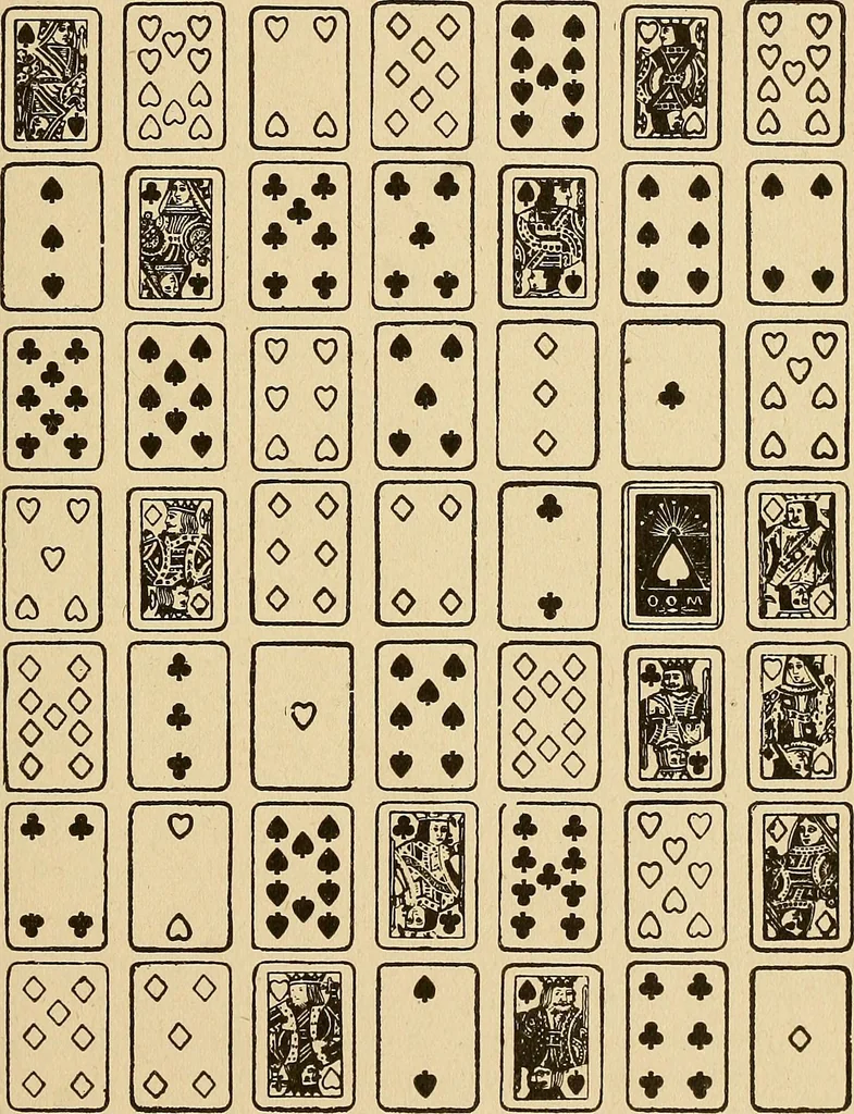An illustration from The mystic test book; or, The magic of the cards. Giving the mystic meaning of these wonderful and ancient emblems in their relationship to the heavenly bodies, under all conditions; with rules and processes for reading or delineating the emblems, 1919, leaf 124