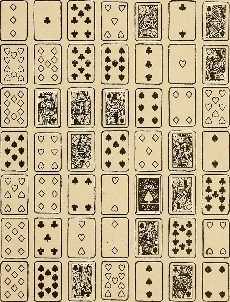 An illustration from The mystic test book; or, The magic of the cards. Giving the mystic meaning of these wonderful and ancient emblems in their relationship to the heavenly bodies, under all conditions; with rules and processes for reading or delineating the emblems, 1919, leaf 132