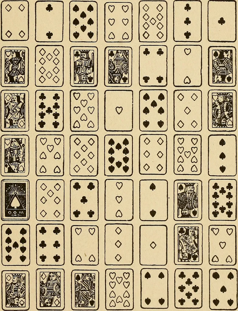 An illustration from The mystic test book; or, The magic of the cards. Giving the mystic meaning of these wonderful and ancient emblems in their relationship to the heavenly bodies, under all conditions; with rules and processes for reading or delineating the emblems, 1919, leaf 134