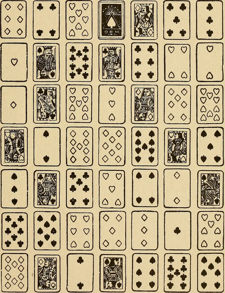 An illustration from The mystic test book; or, The magic of the cards. Giving the mystic meaning of these wonderful and ancient emblems in their relationship to the heavenly bodies, under all conditions; with rules and processes for reading or delineating the emblems, 1919, leaf 138
