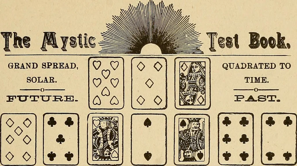 An illustration from The mystic test book; or, The magic of the cards. Giving the mystic meaning of these wonderful and ancient emblems in their relationship to the heavenly bodies, under all conditions; with rules and processes for reading or delineating the emblems, 1919, leaf 140