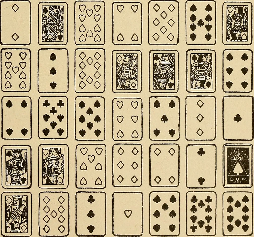 An illustration from The mystic test book; or, The magic of the cards. Giving the mystic meaning of these wonderful and ancient emblems in their relationship to the heavenly bodies, under all conditions; with rules and processes for reading or delineating the emblems, 1919, leaf 140