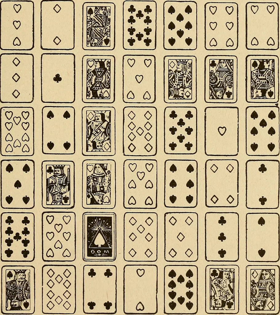 An illustration from The mystic test book; or, The magic of the cards. Giving the mystic meaning of these wonderful and ancient emblems in their relationship to the heavenly bodies, under all conditions; with rules and processes for reading or delineating the emblems, 1919, leaf 142