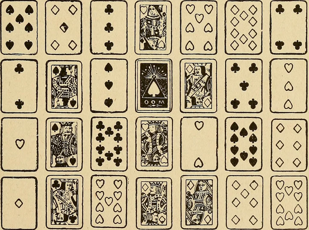 An illustration from The mystic test book; or, The magic of the cards. Giving the mystic meaning of these wonderful and ancient emblems in their relationship to the heavenly bodies, under all conditions; with rules and processes for reading or delineating the emblems, 1919, leaf 146