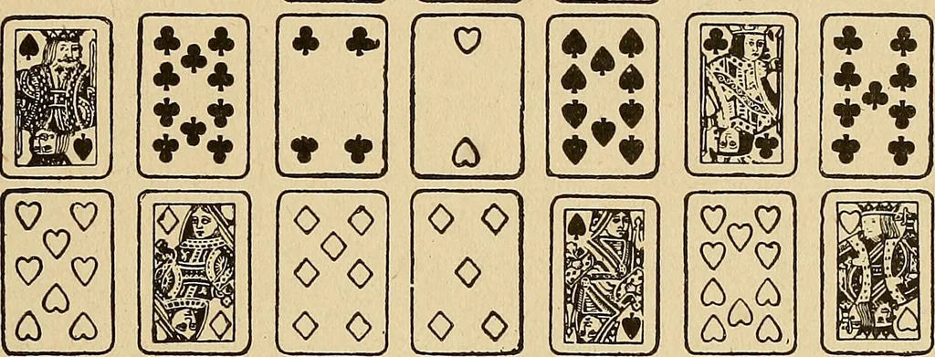 An illustration from The mystic test book; or, The magic of the cards. Giving the mystic meaning of these wonderful and ancient emblems in their relationship to the heavenly bodies, under all conditions; with rules and processes for reading or delineating the emblems, 1919, leaf 150