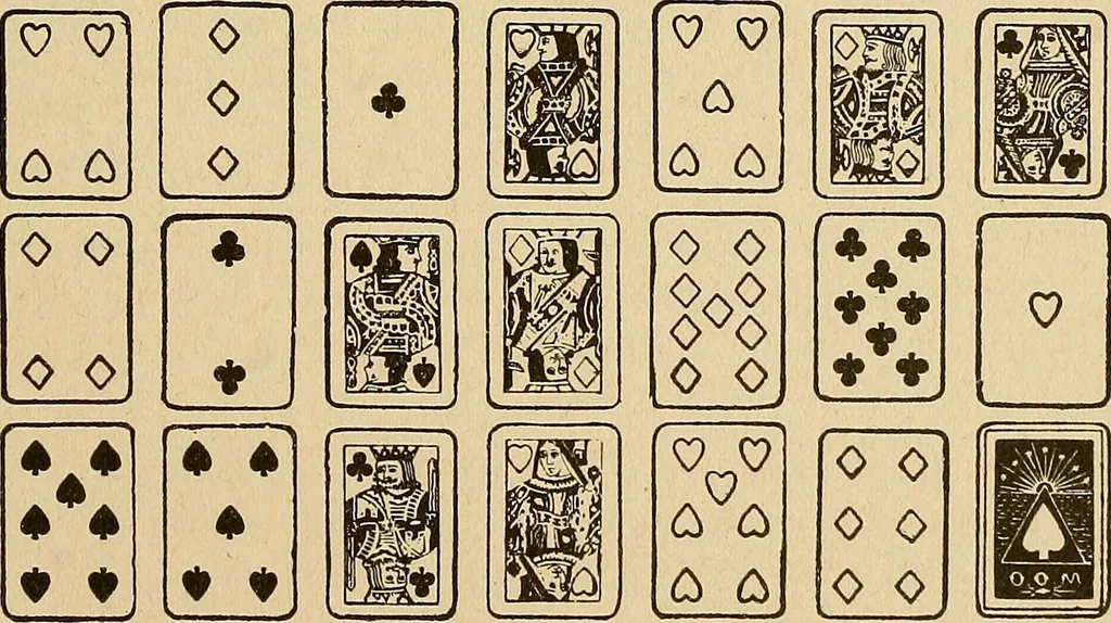 An illustration from The mystic test book; or, The magic of the cards. Giving the mystic meaning of these wonderful and ancient emblems in their relationship to the heavenly bodies, under all conditions; with rules and processes for reading or delineating the emblems, 1919, leaf 150