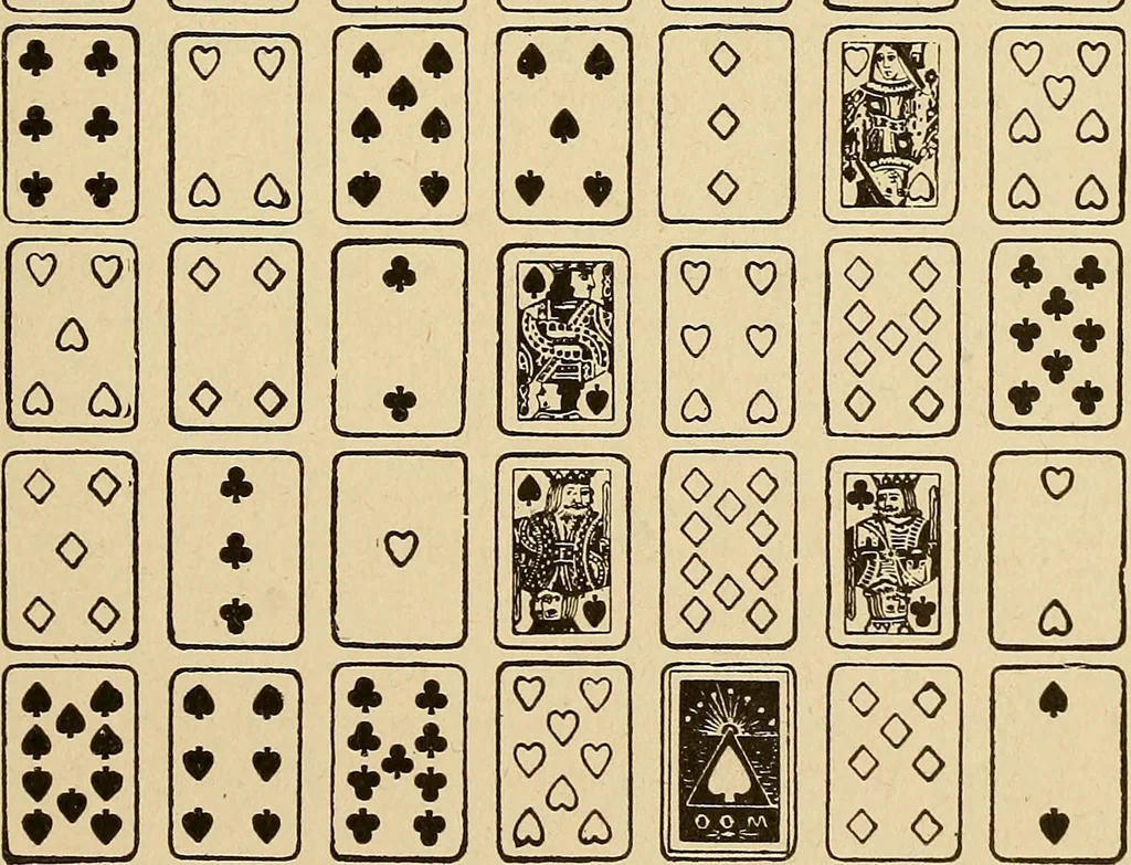An illustration from The mystic test book; or, The magic of the cards. Giving the mystic meaning of these wonderful and ancient emblems in their relationship to the heavenly bodies, under all conditions; with rules and processes for reading or delineating the emblems, 1919, leaf 152