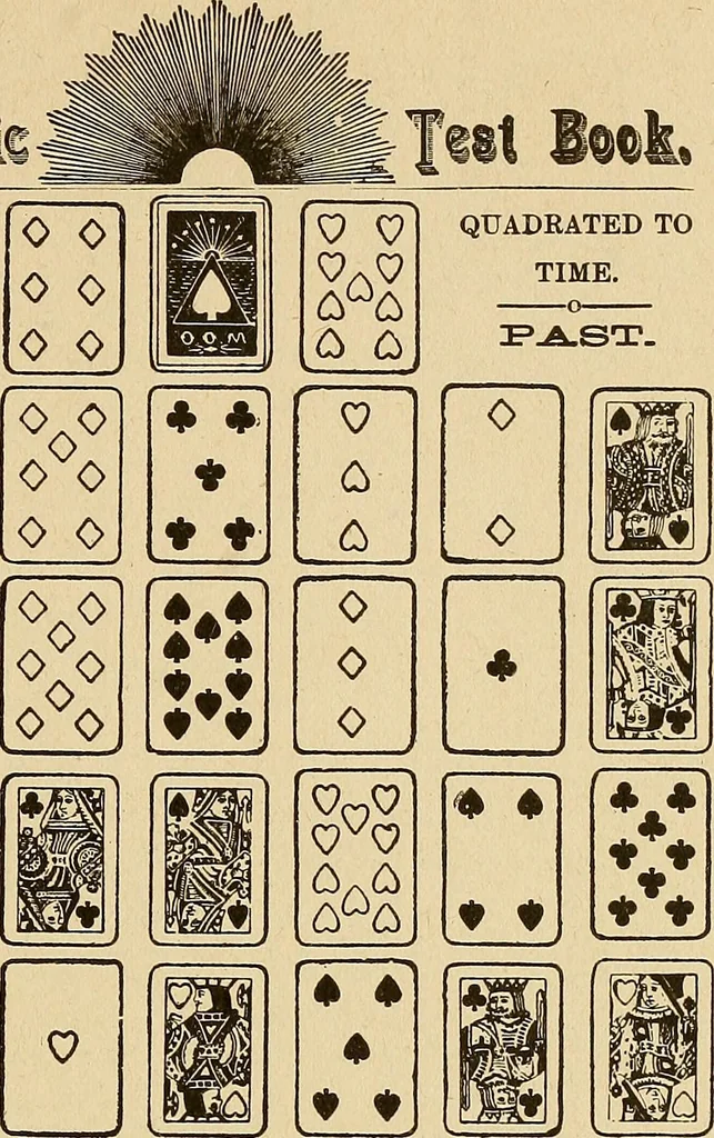 An illustration from The mystic test book; or, The magic of the cards. Giving the mystic meaning of these wonderful and ancient emblems in their relationship to the heavenly bodies, under all conditions; with rules and processes for reading or delineating the emblems, 1919, leaf 158