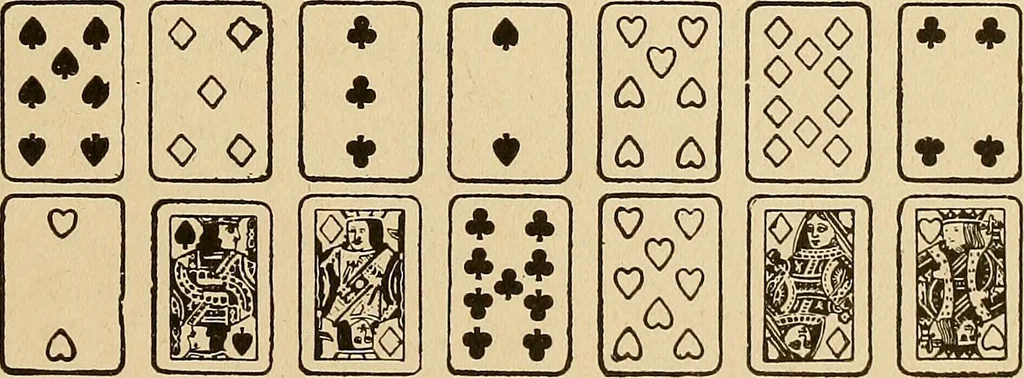 An illustration from The mystic test book; or, The magic of the cards. Giving the mystic meaning of these wonderful and ancient emblems in their relationship to the heavenly bodies, under all conditions; with rules and processes for reading or delineating the emblems, 1919, leaf 158