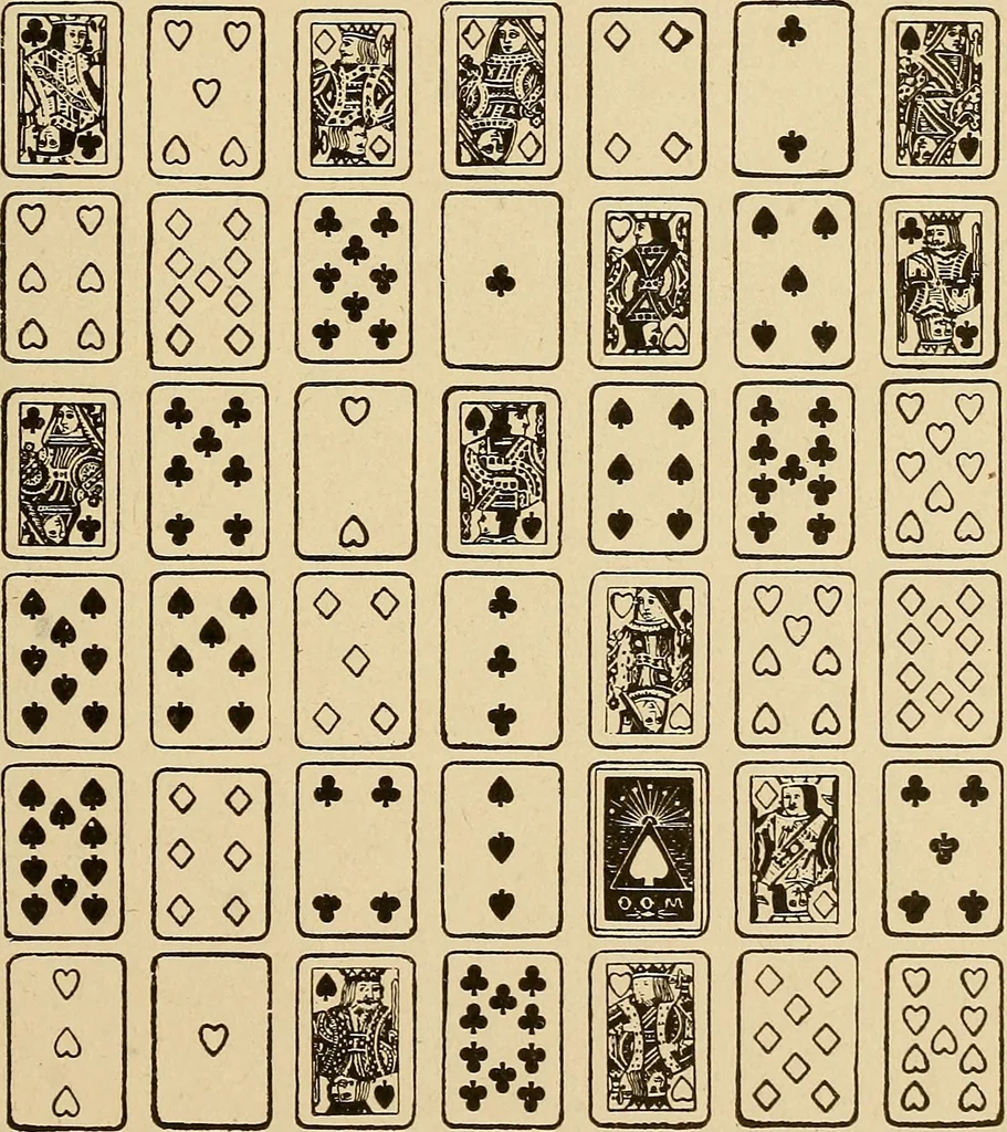 An illustration from The mystic test book; or, The magic of the cards. Giving the mystic meaning of these wonderful and ancient emblems in their relationship to the heavenly bodies, under all conditions; with rules and processes for reading or delineating the emblems, 1919, leaf 160