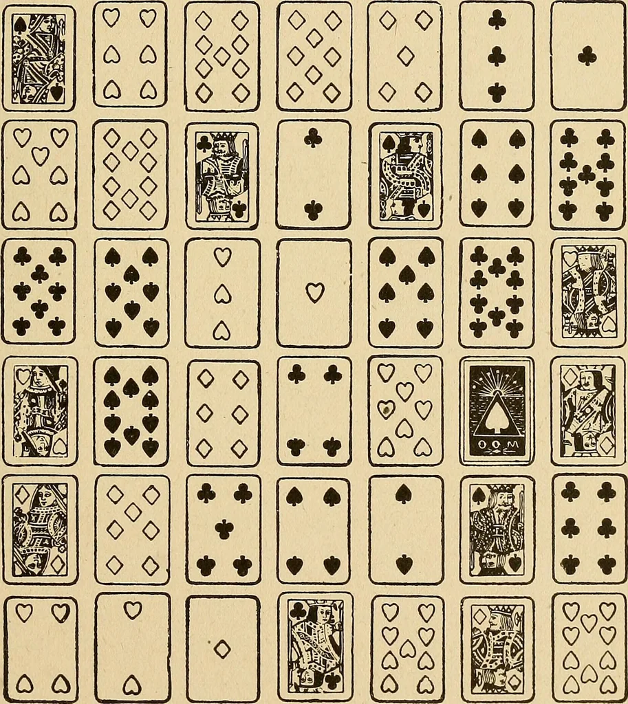 An illustration from The mystic test book; or, The magic of the cards. Giving the mystic meaning of these wonderful and ancient emblems in their relationship to the heavenly bodies, under all conditions; with rules and processes for reading or delineating the emblems, 1919, leaf 162