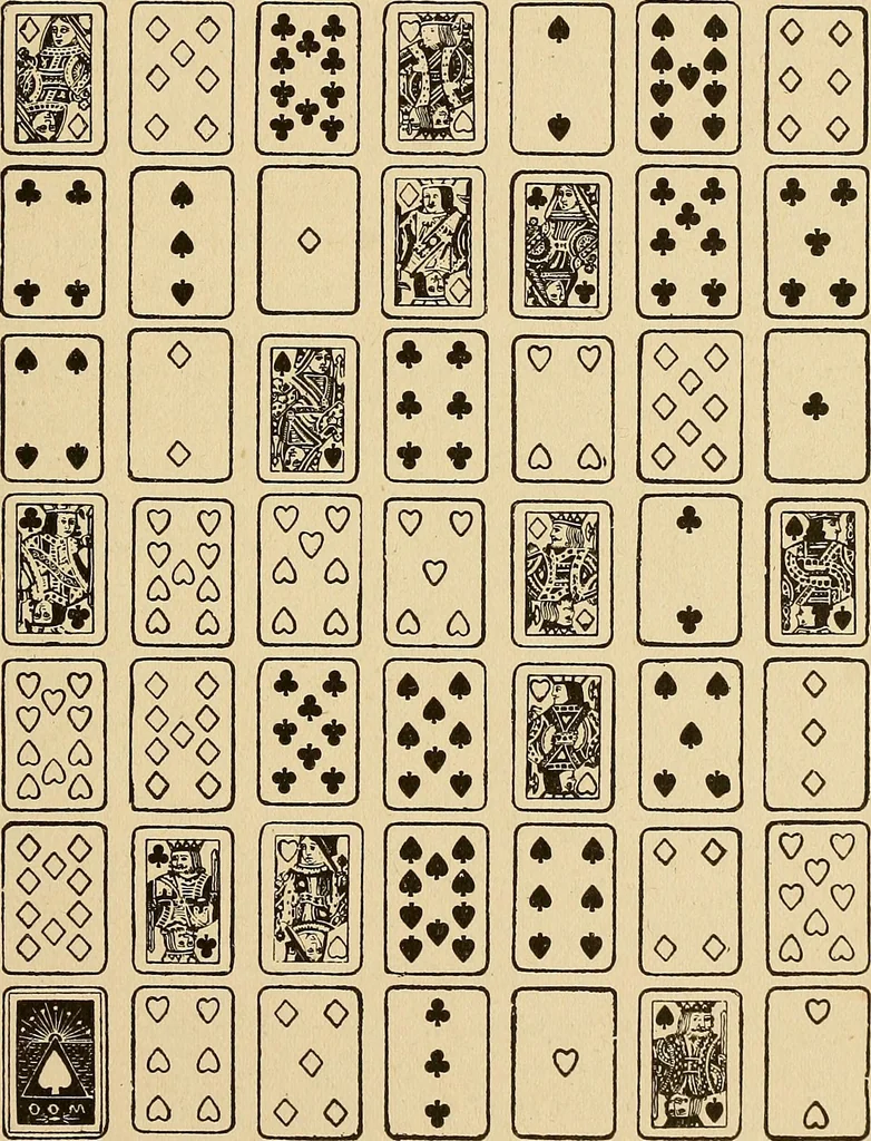 An illustration from The mystic test book; or, The magic of the cards. Giving the mystic meaning of these wonderful and ancient emblems in their relationship to the heavenly bodies, under all conditions; with rules and processes for reading or delineating the emblems, 1919, leaf 170