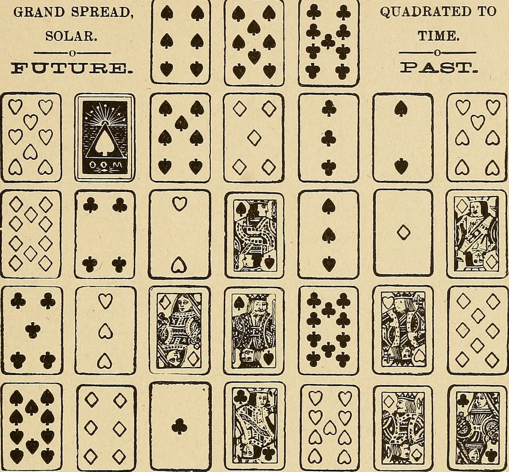 An illustration from The mystic test book; or, The magic of the cards. Giving the mystic meaning of these wonderful and ancient emblems in their relationship to the heavenly bodies, under all conditions; with rules and processes for reading or delineating the emblems, 1919, leaf 172