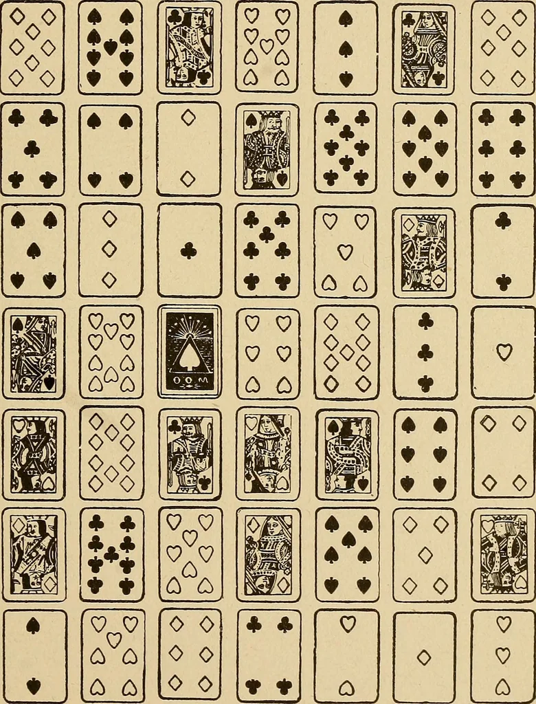 An illustration from The mystic test book; or, The magic of the cards. Giving the mystic meaning of these wonderful and ancient emblems in their relationship to the heavenly bodies, under all conditions; with rules and processes for reading or delineating the emblems, 1919, leaf 176