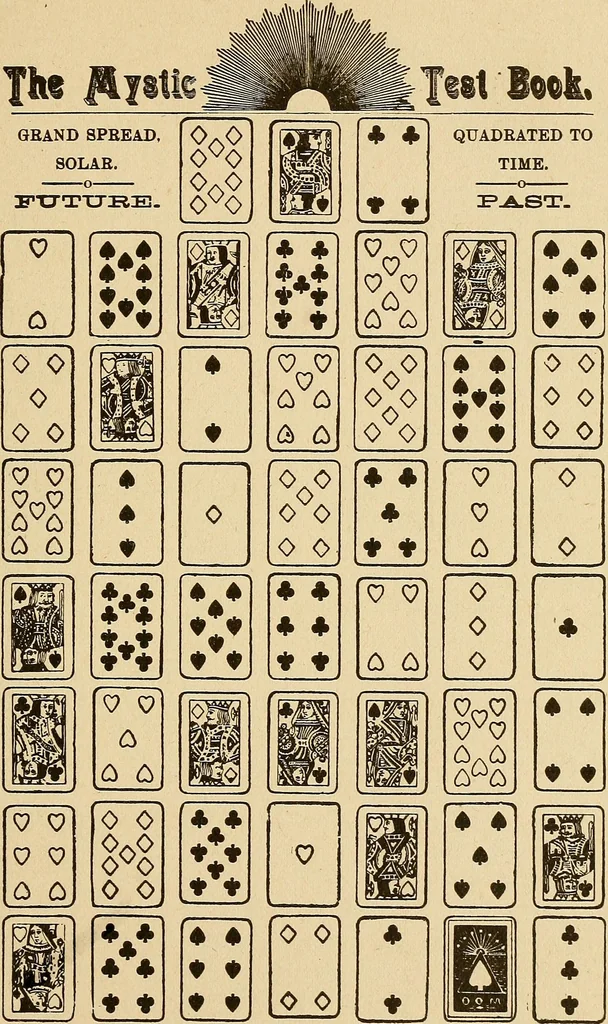 An illustration from The mystic test book; or, The magic of the cards. Giving the mystic meaning of these wonderful and ancient emblems in their relationship to the heavenly bodies, under all conditions; with rules and processes for reading or delineating the emblems, 1919, leaf 178